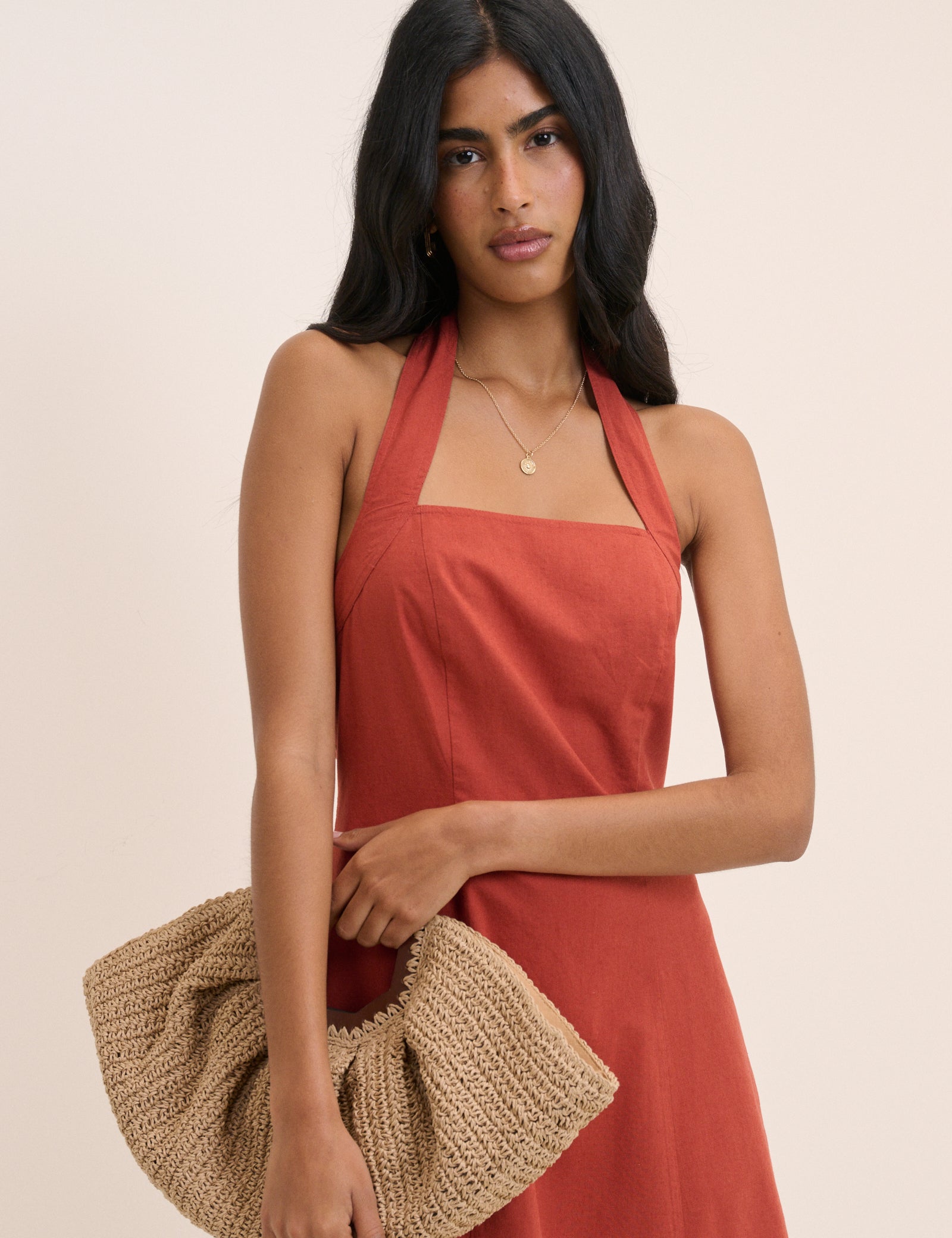 Dusty Red Linen-Blend Halterneck Emily Mini Dress