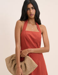 Dusty Red Linen-Blend Halterneck Emily Mini Dress