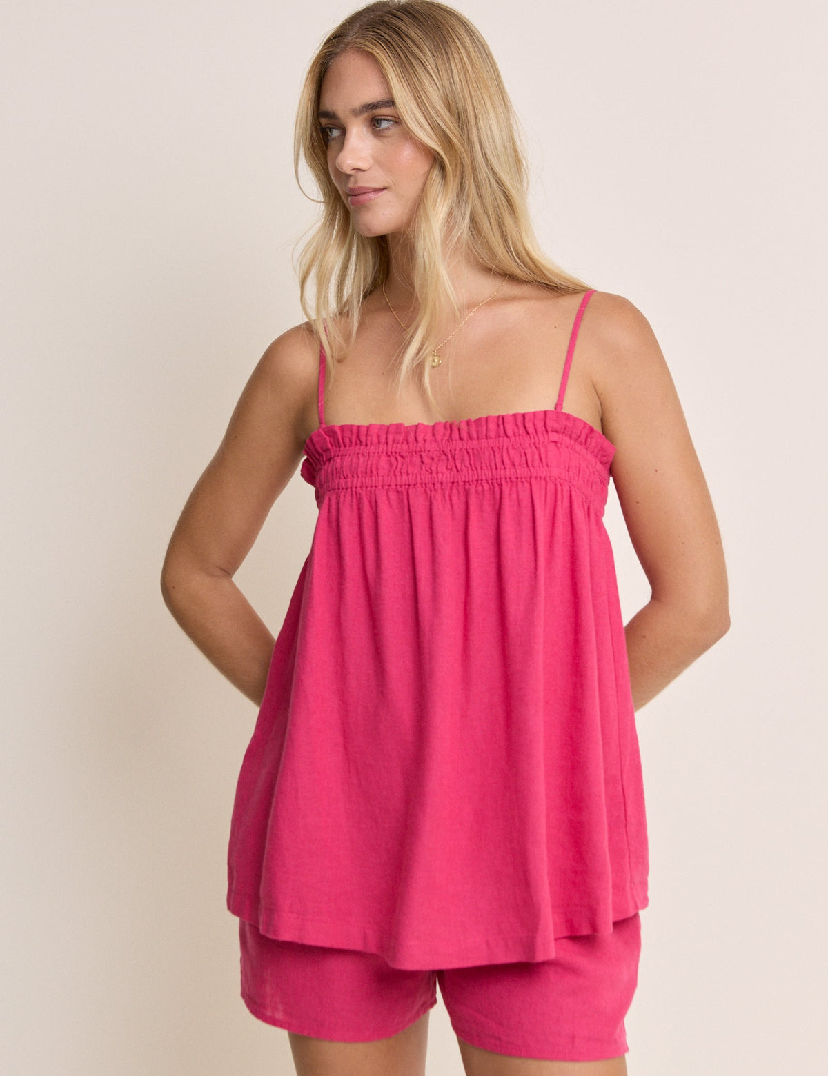 Pink Linen-Blend Ruched Bandeau Top
