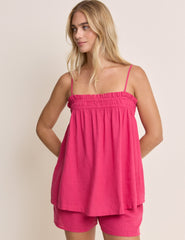 Pink Linen-Blend Ruched Bandeau Top