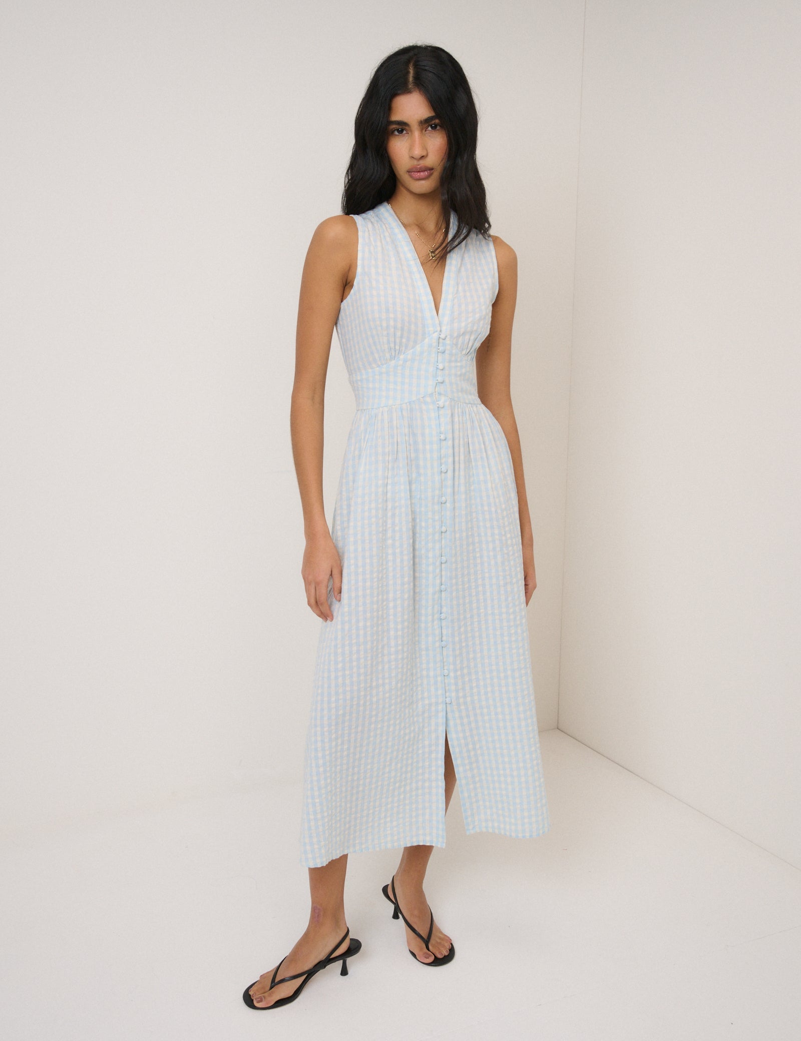 Light Blue Gingham Sleeveless Starlight Midi Dress