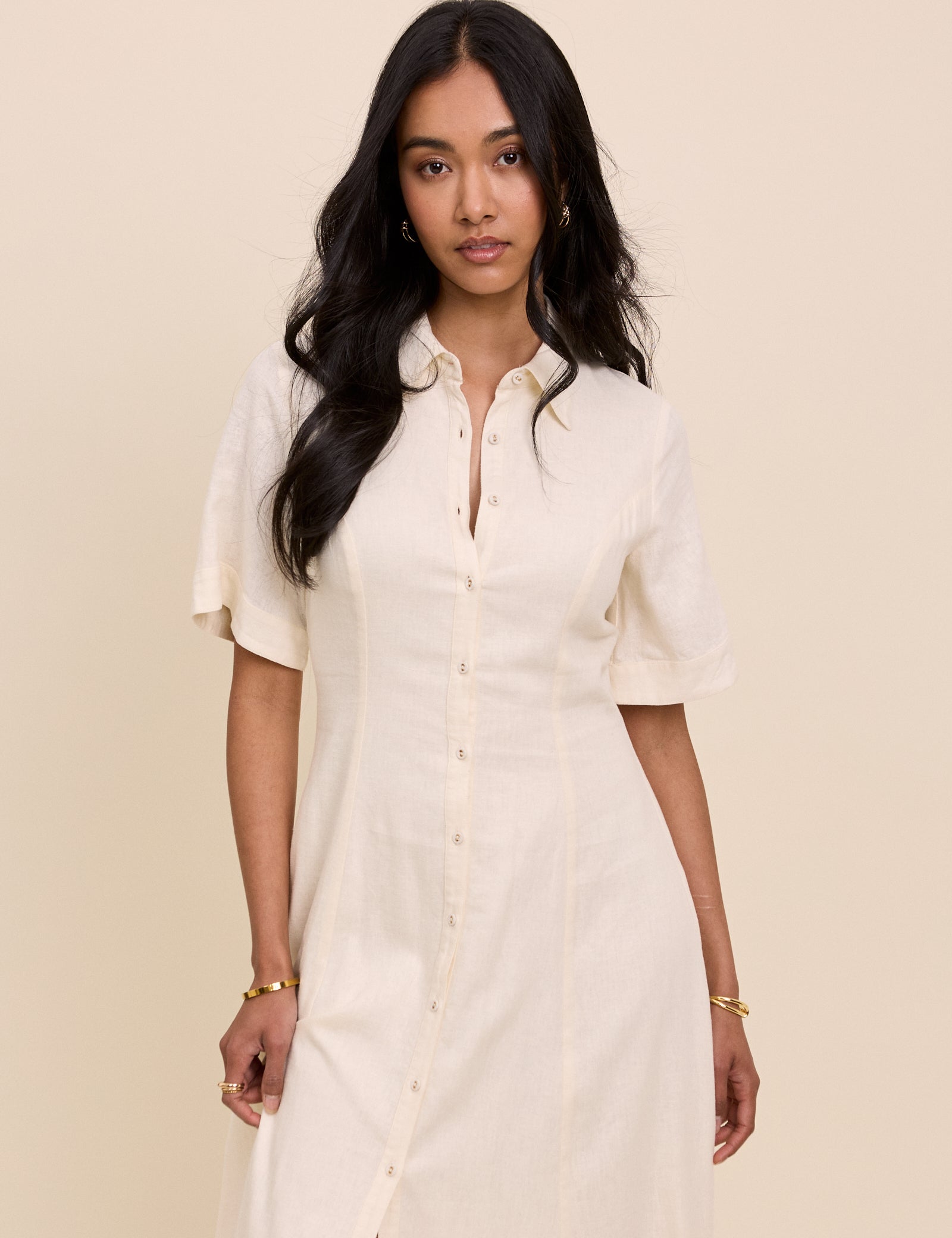 Cream Linen-Blend Dillon Shirt Dress