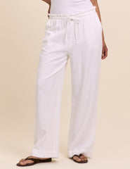 White Linen-Blend Straight Leg Trousers