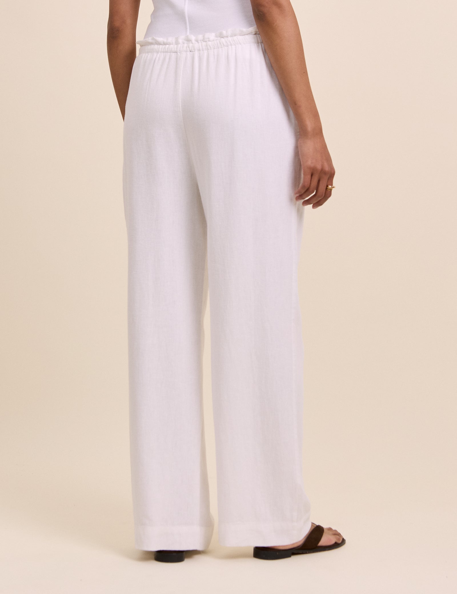 White Linen-Blend Straight Leg Trousers