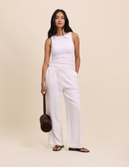 White Linen-Blend Straight Leg Trousers