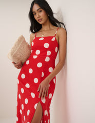 Red Polka Dot Linen-Blend Maddy Midi Dress