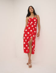 Red Polka Dot Linen-Blend Maddy Midi Dress