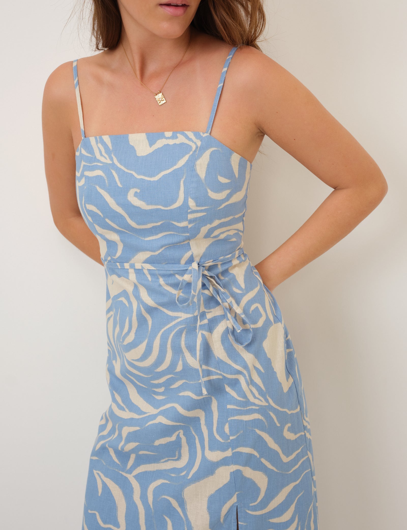 Blue Printed Linen-Blend Maddy Midi Dress