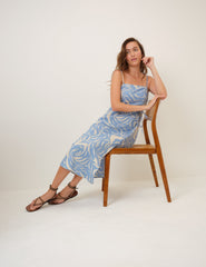Blue Printed Linen-Blend Maddy Midi Dress