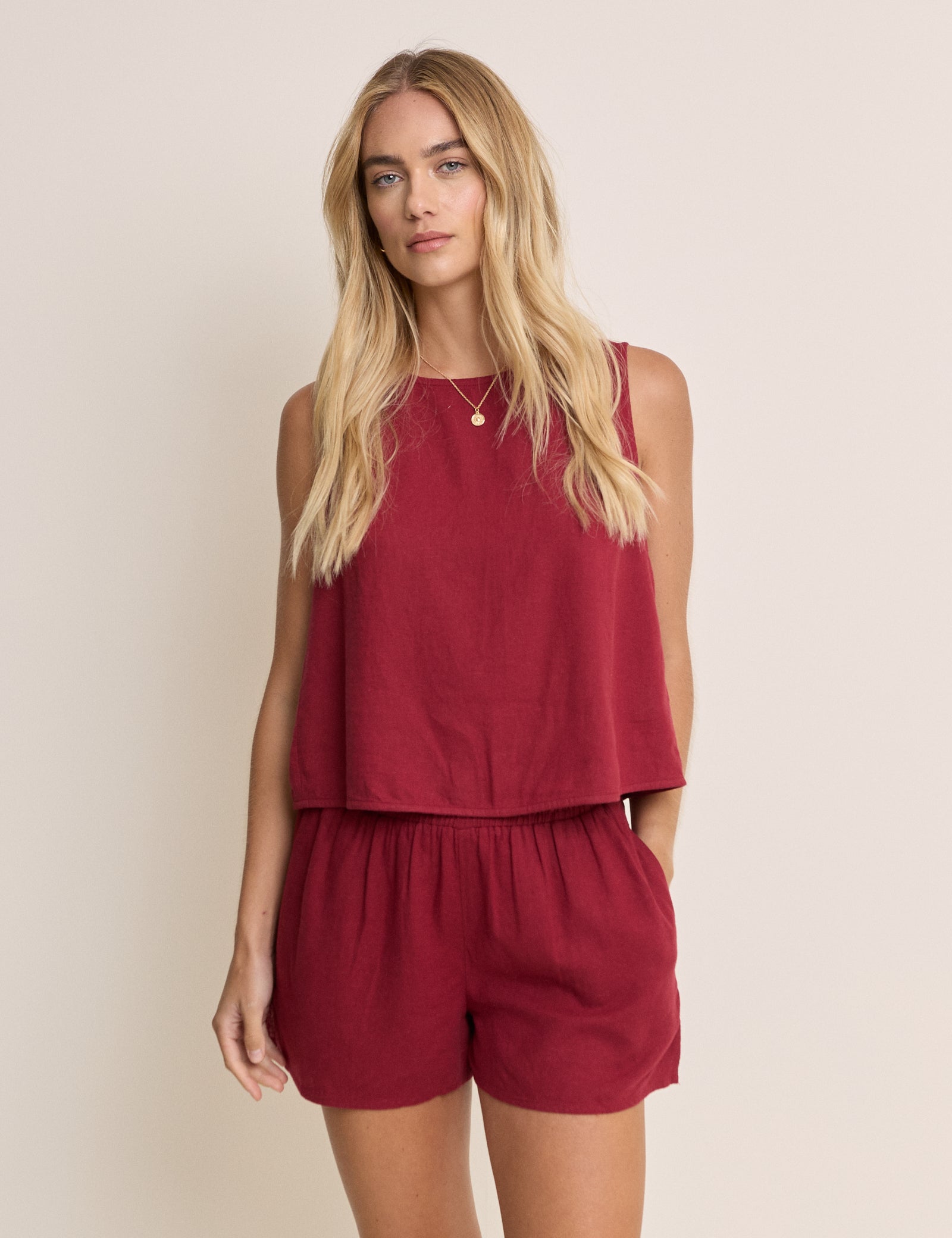Red Linen-Blend Elasticated Waist Shorts