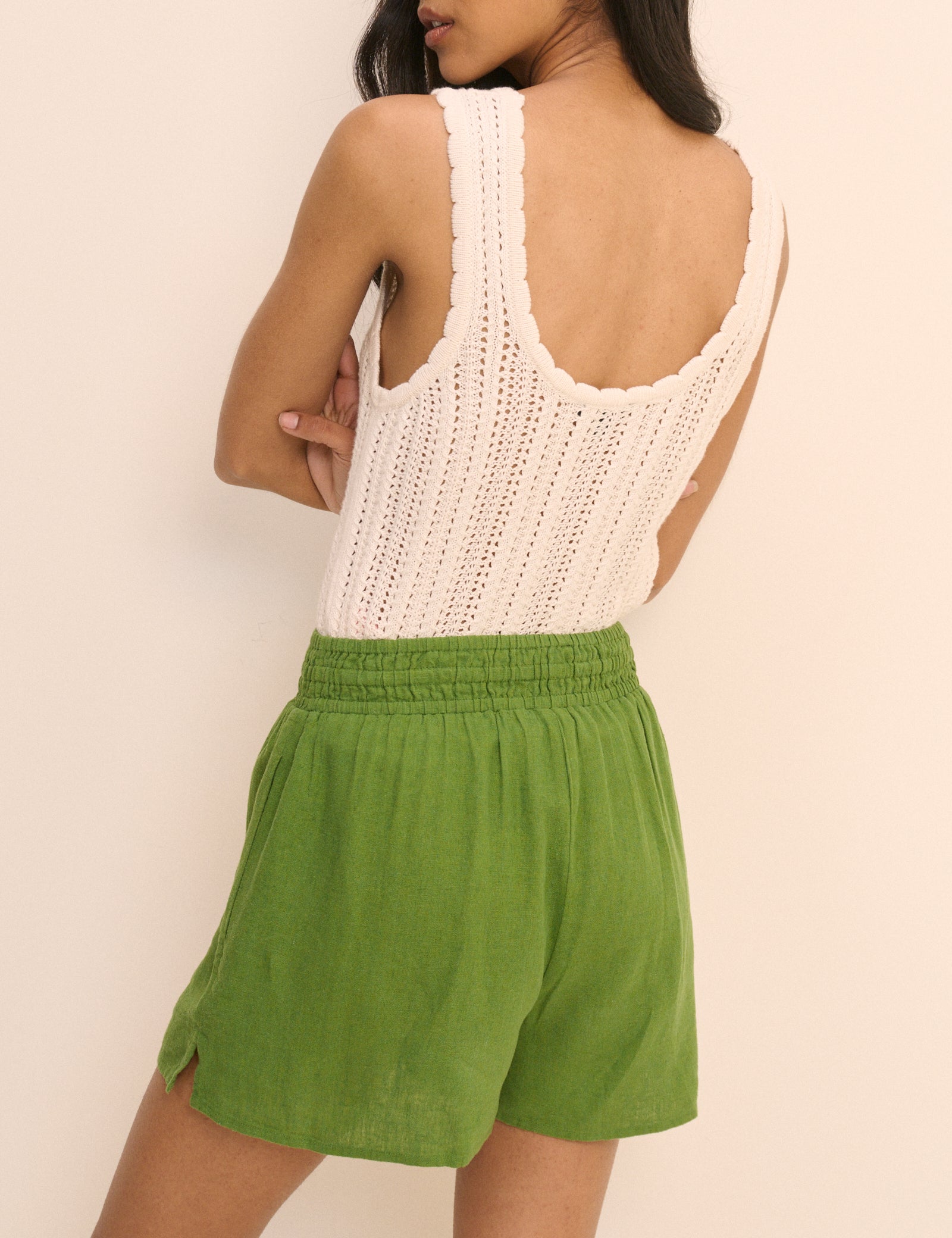 Green Linen-Blend Elasticated Shorts