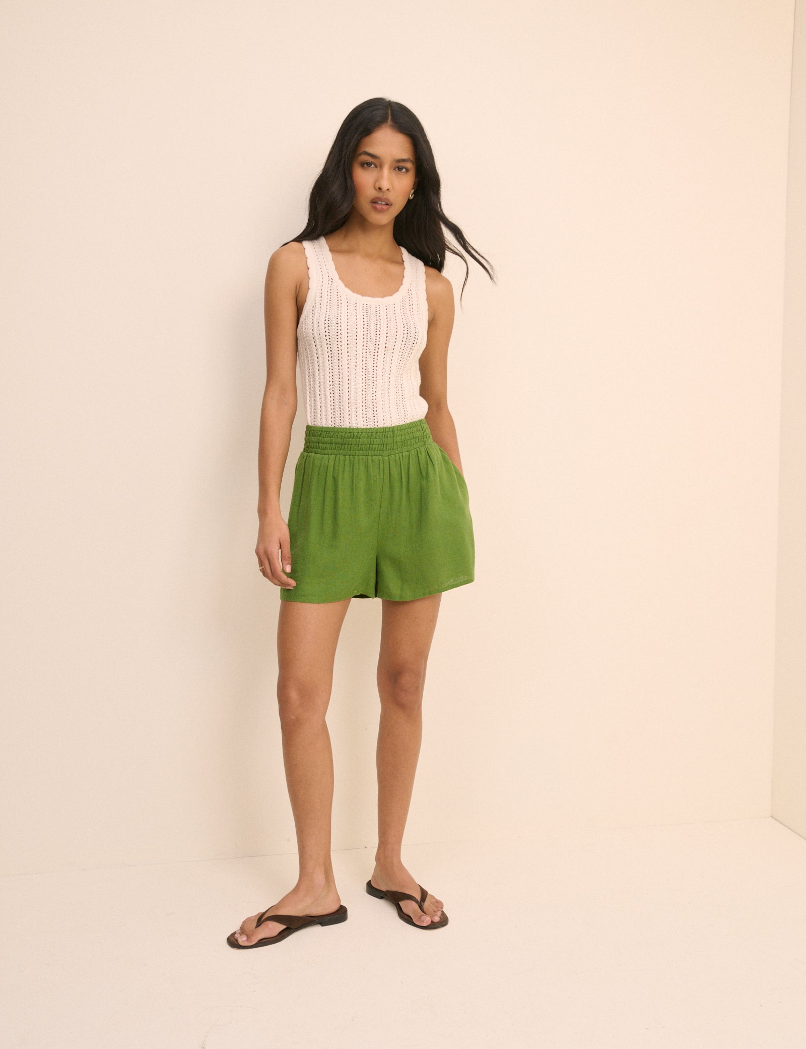 Green Linen-Blend Elasticated Shorts
