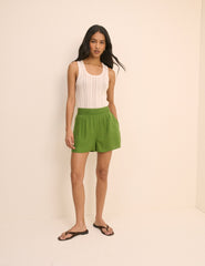 Green Linen-Blend Elasticated Shorts