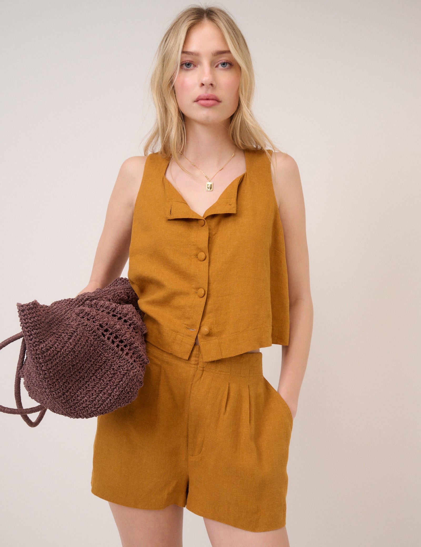 Orange Linen-Blend Shorts
