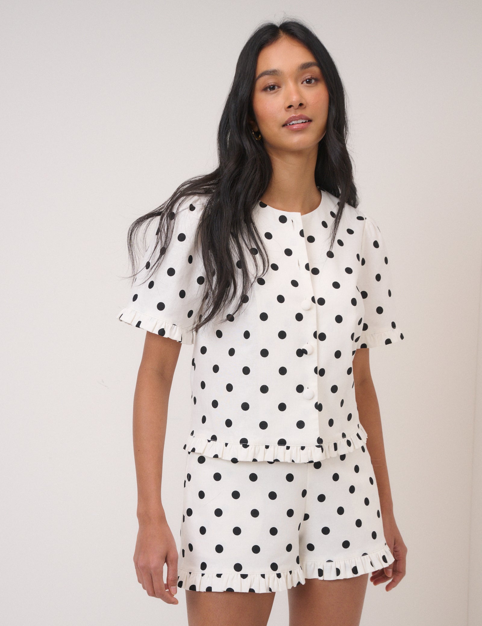 White Polka Dot Tailored Top & Shorts Set