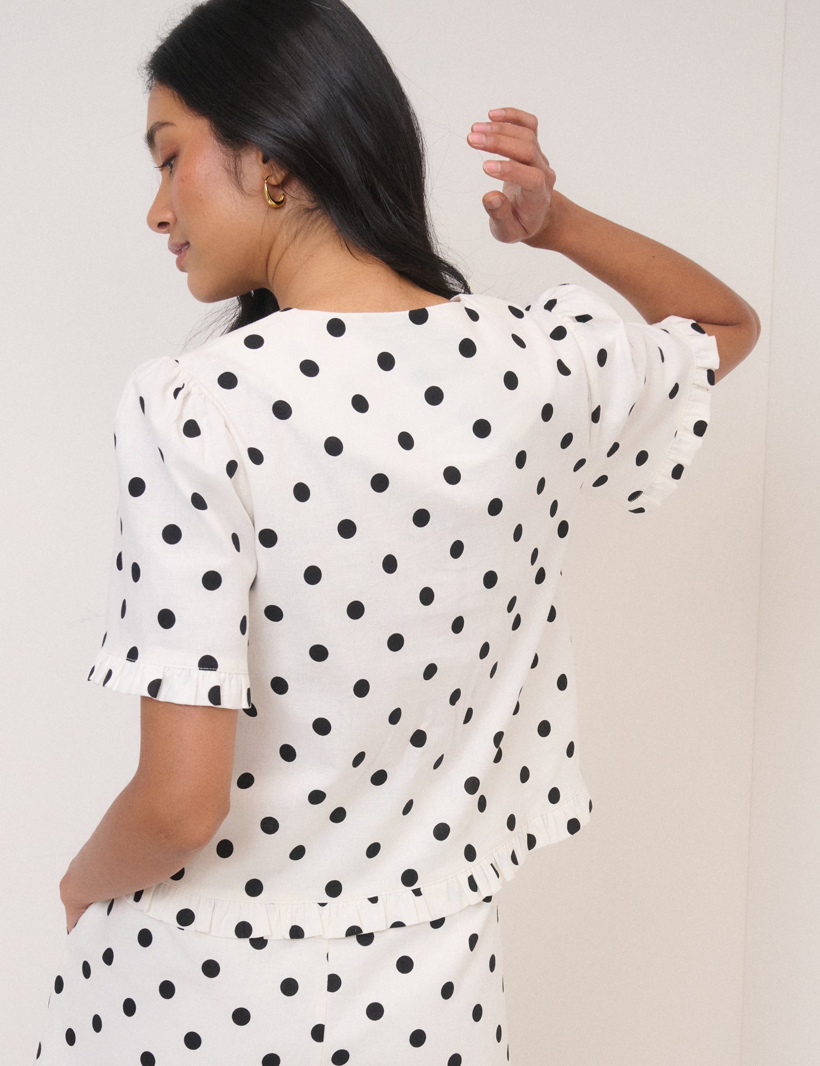White Polka Dot Tailored Top & Shorts Set