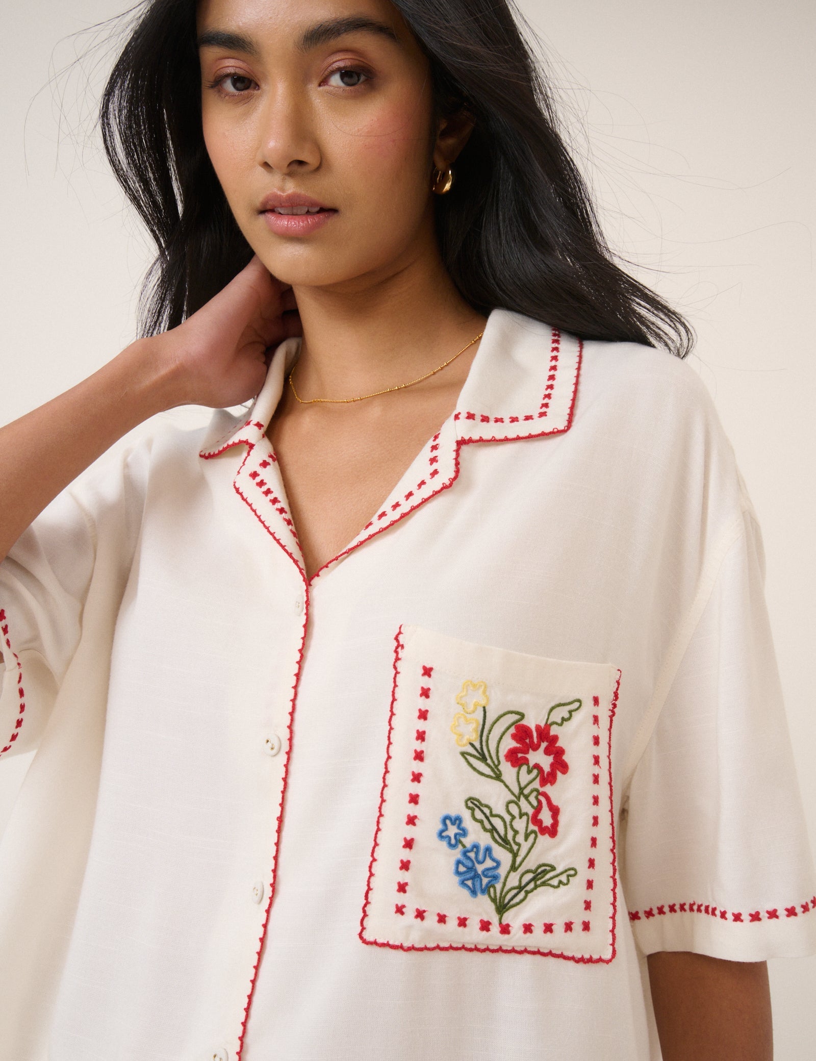 Cream Embroided Shirt & Shorts Set