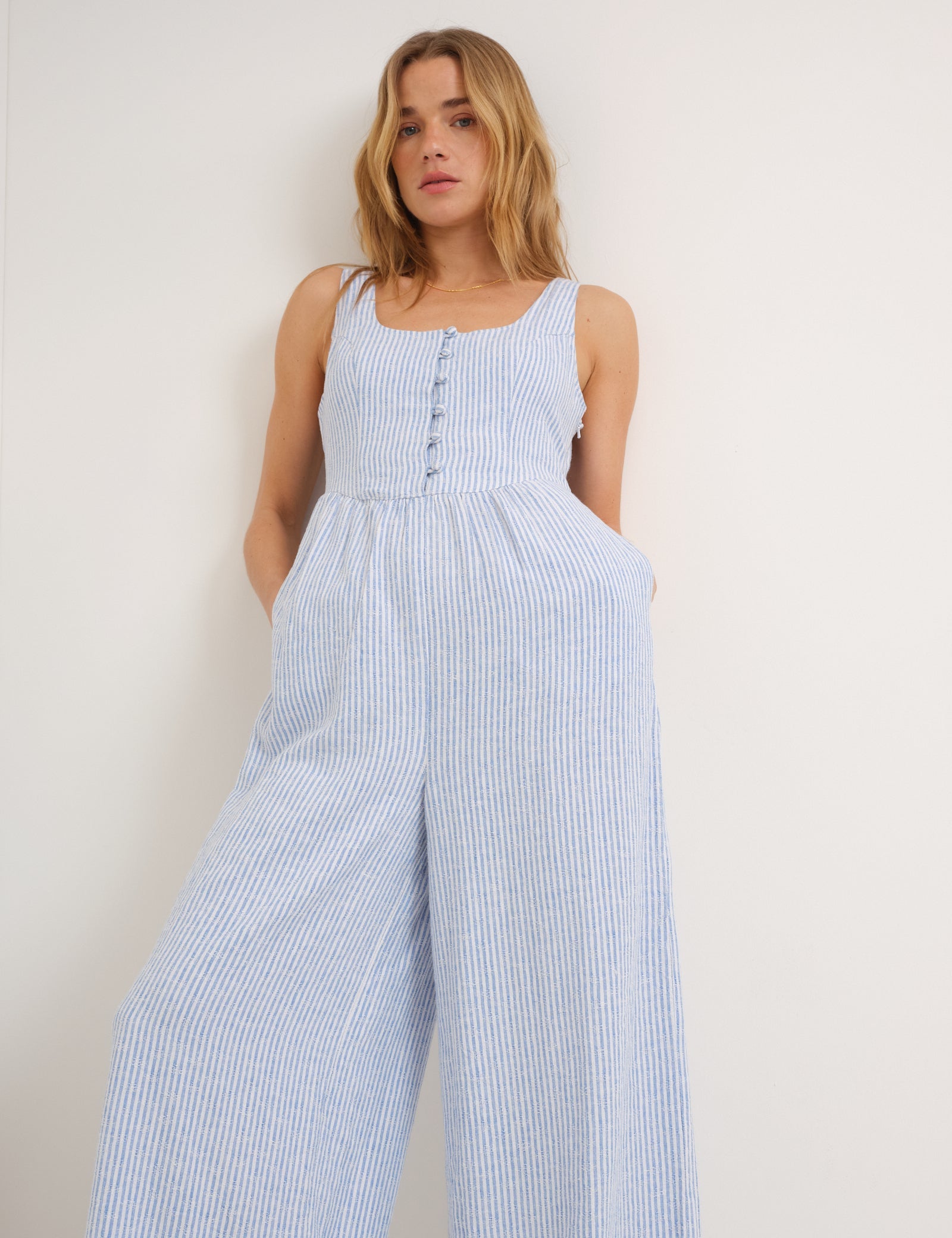 Blue Pinstripe Linen-Blend Cora Jumpsuit