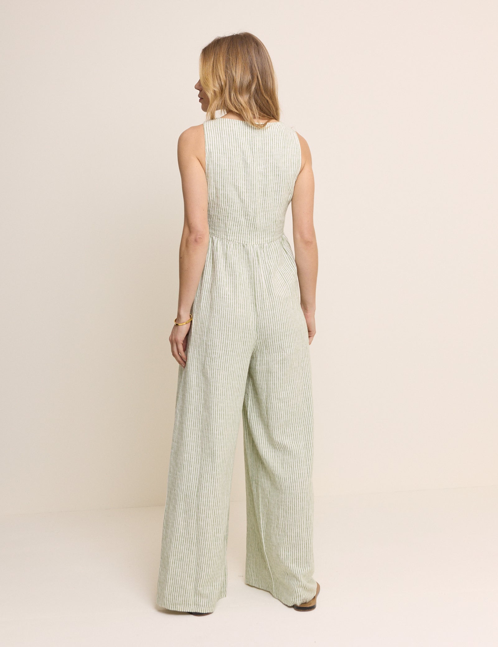 Green Pinstriped Linen-Blend Cora Jumpsuit