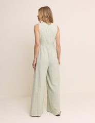 Green Pinstriped Linen-Blend Cora Jumpsuit