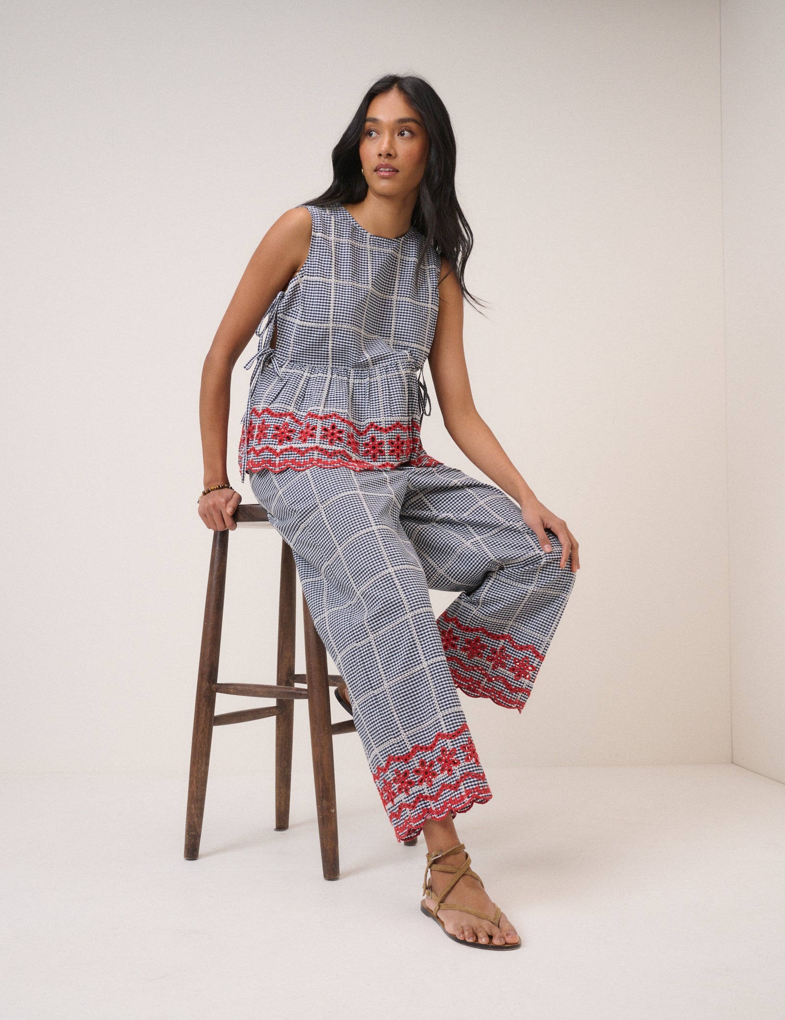 Black Gingham Embroidered Cropped Trousers