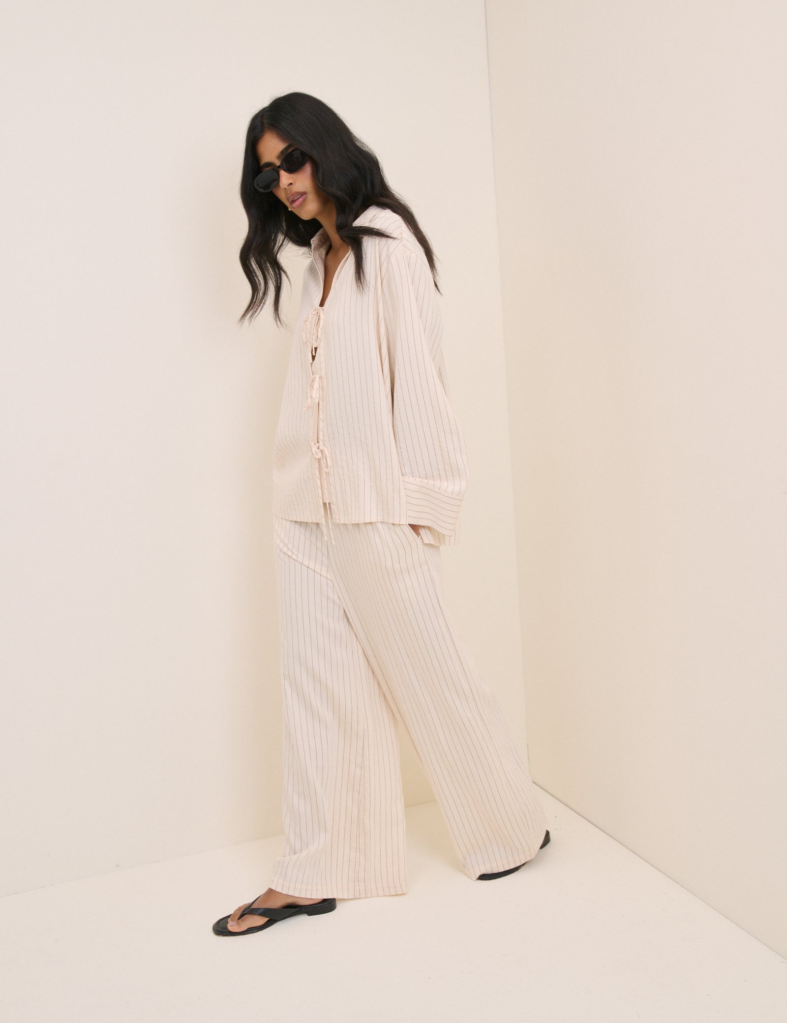 Cream Pinstripe Tie Front Shirt