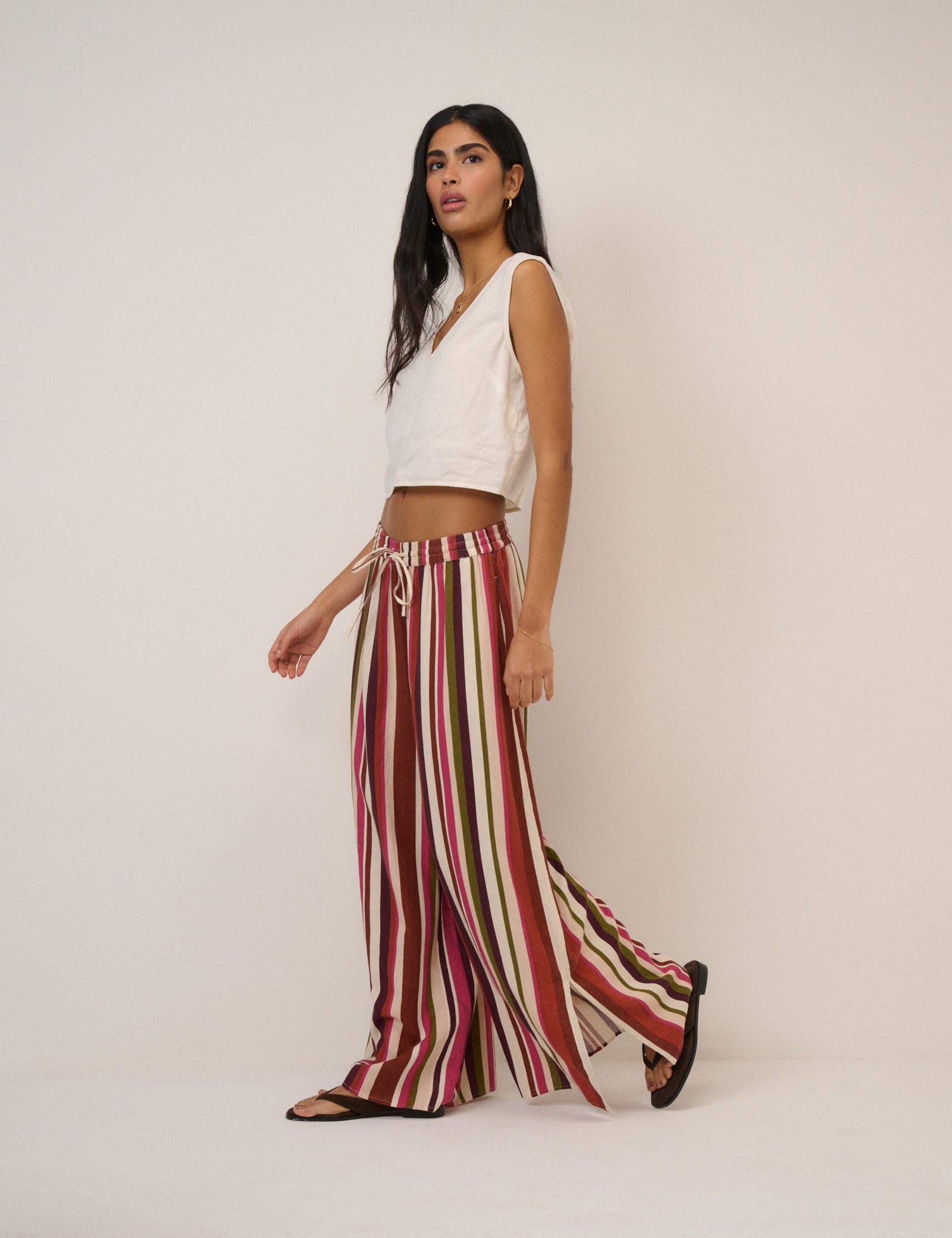 Multi-Coloured Striped Split Hem Wide Leg Trousers
