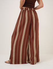 Brown Striped Linen-Blend Split Hem Trousers