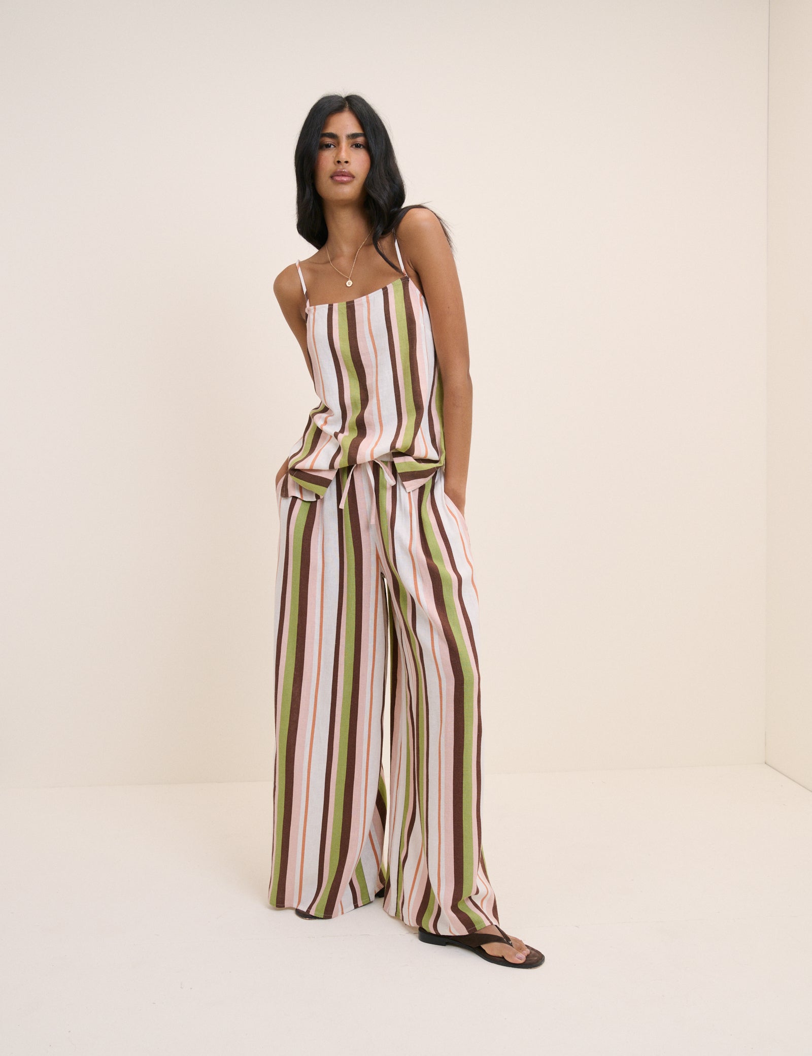 Multi-Coloured Striped Linen-Blend Wide Leg Elstow Trousers