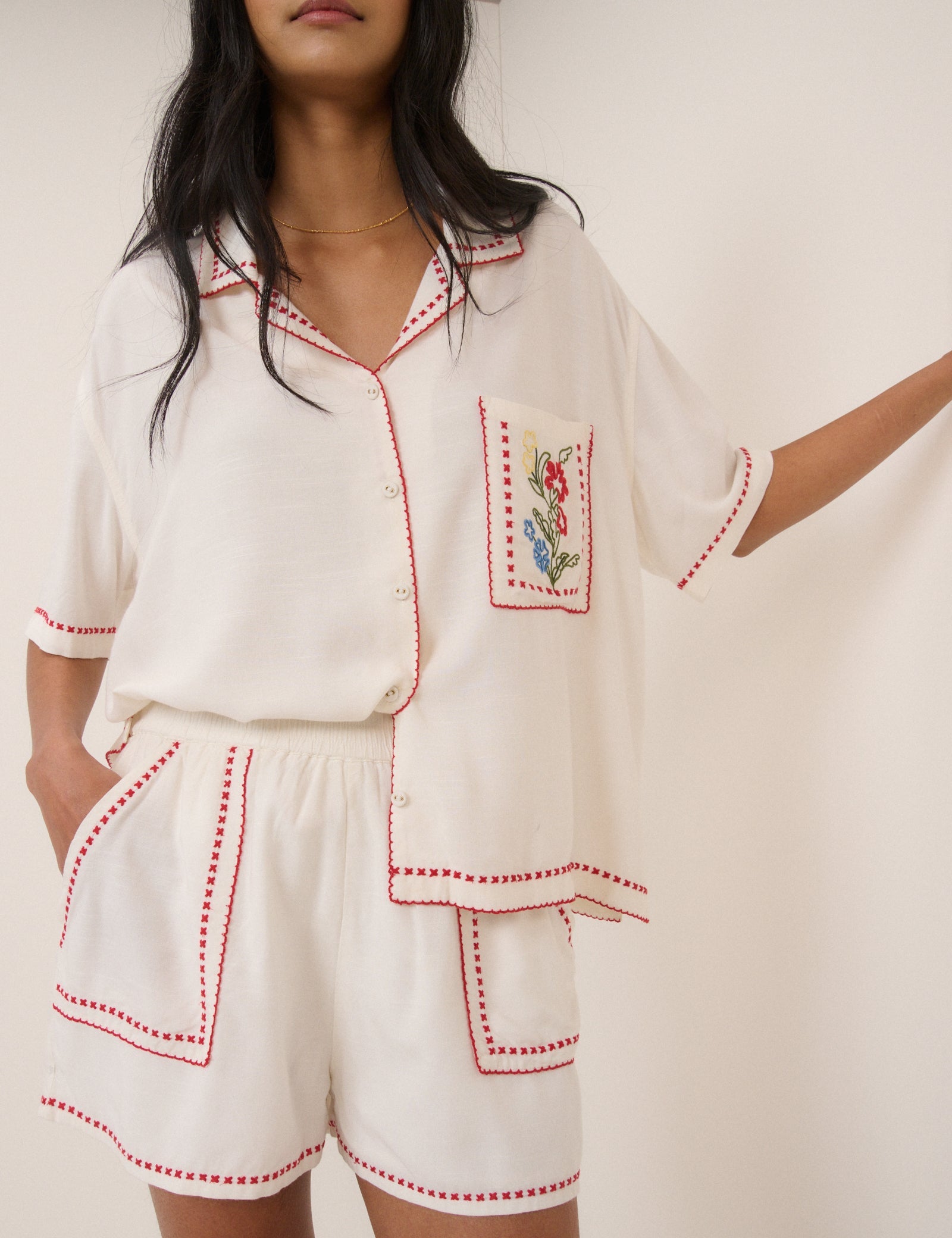 Cream Embroided Shirt & Shorts Set