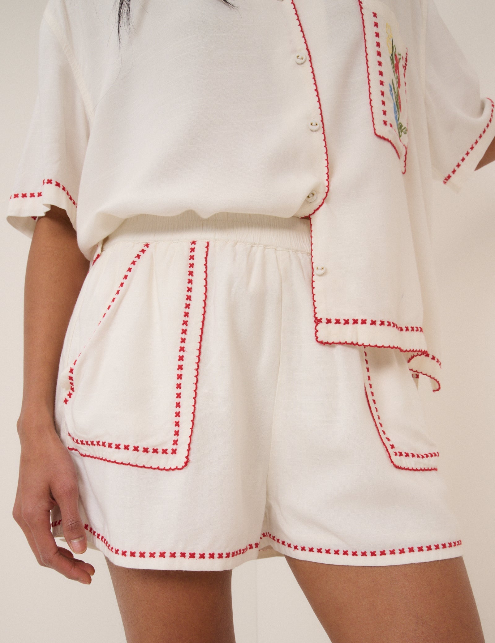 Cream Embroided Shirt & Shorts Set