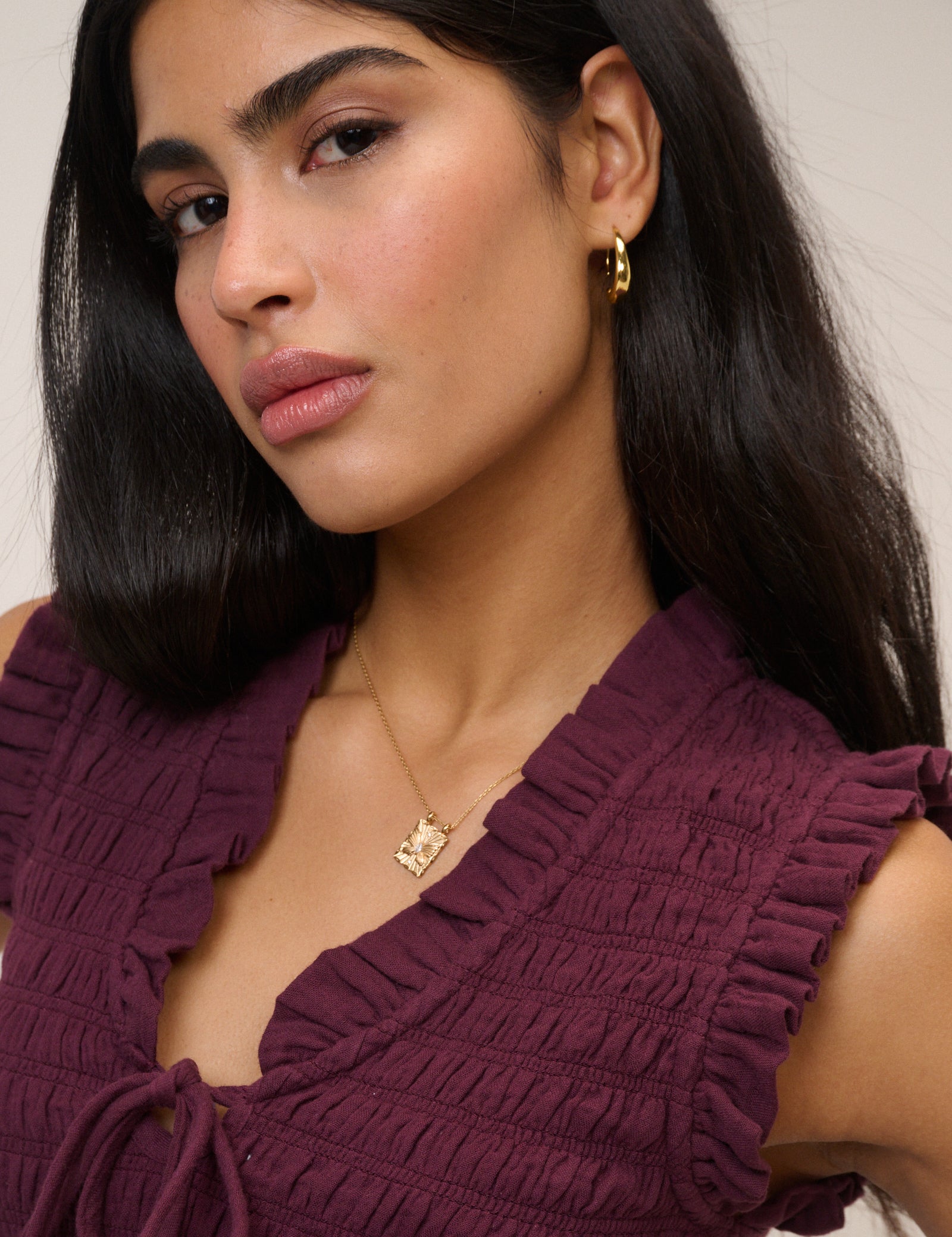 Purple Shirred V-Neck Top