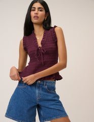 Purple Shirred V-Neck Top