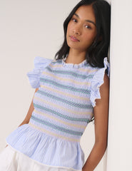 Blue Striped Shirred Top