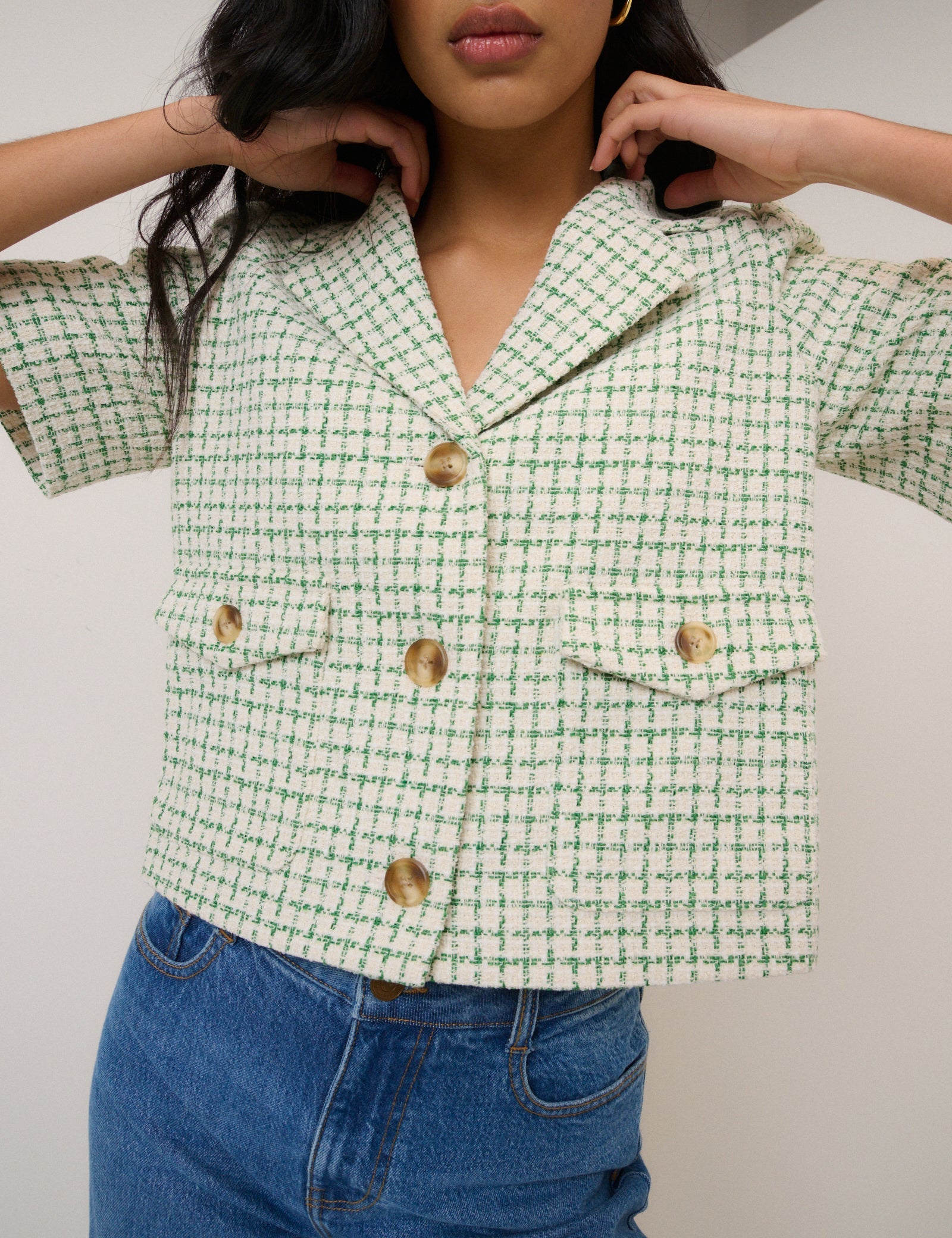 Green Check Short Sleeve Boucle Jacket