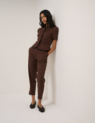 Brown Gingham Puff Sleeve Tailored Top