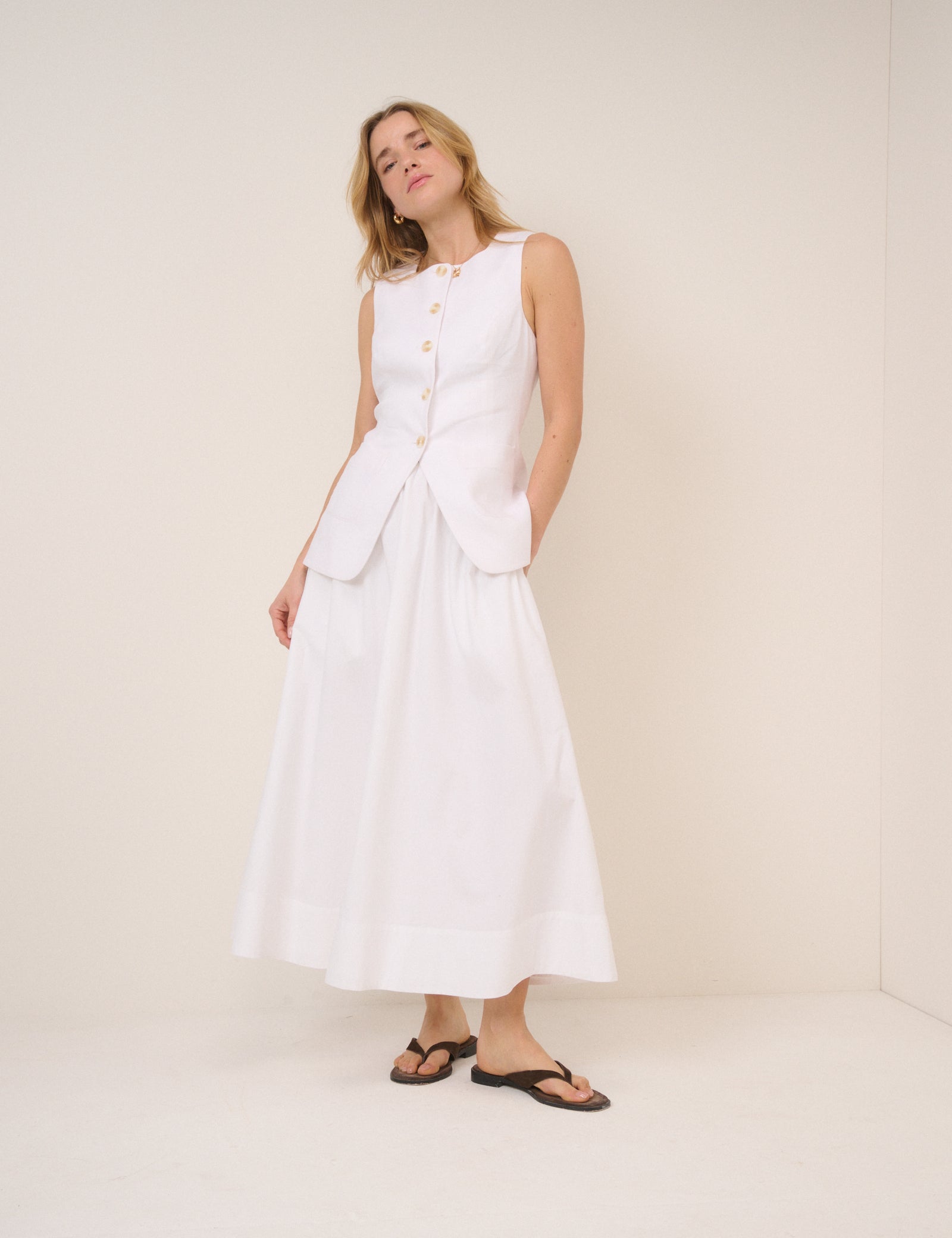 White Linen-Blend Tailored Longline Waistcoat