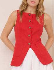 Red Linen-Blend Tailored Longline Waistcoat