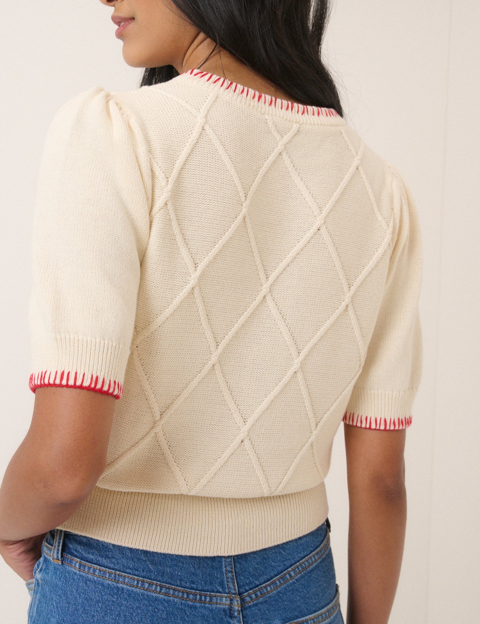 Cream Strawberry Embroidered Knitted T-Shirt