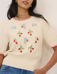 Cream Strawberry Embroidered Knitted T-Shirt