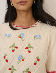 Cream Strawberry Embroidered Knitted T-Shirt