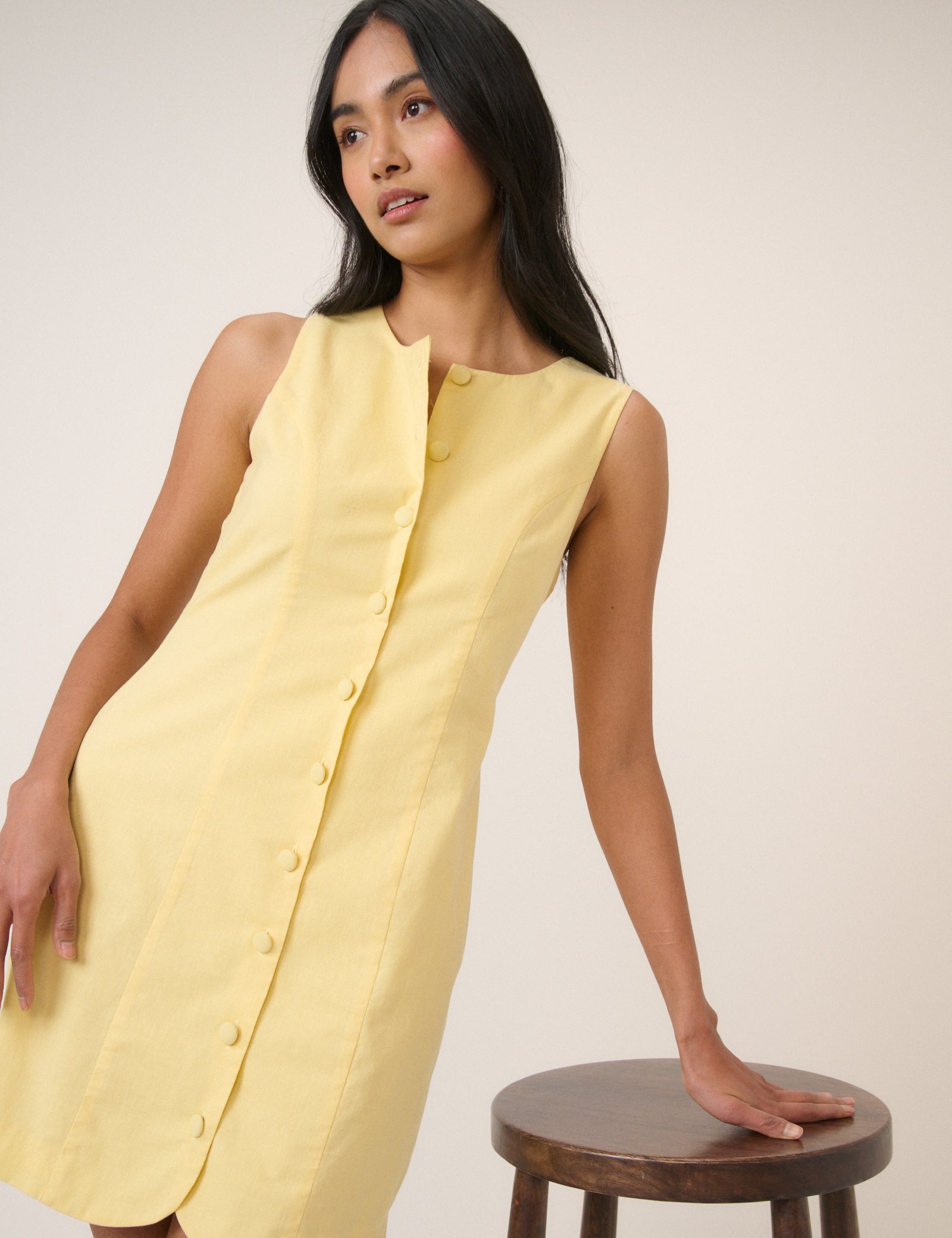 Yellow Button Through Linen-Blend Tailored Polly Mini Dress