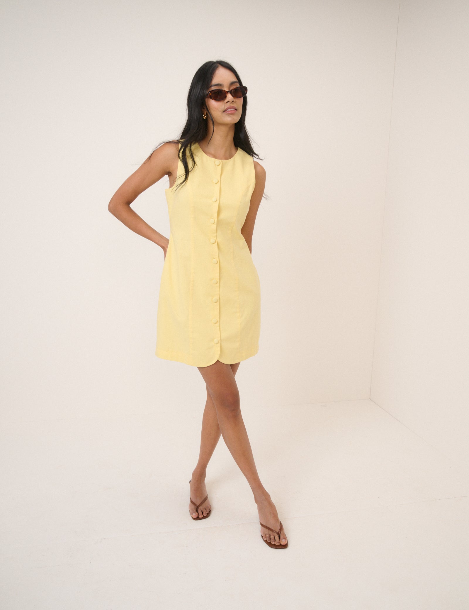 Yellow Button Through Linen-Blend Tailored Polly Mini Dress