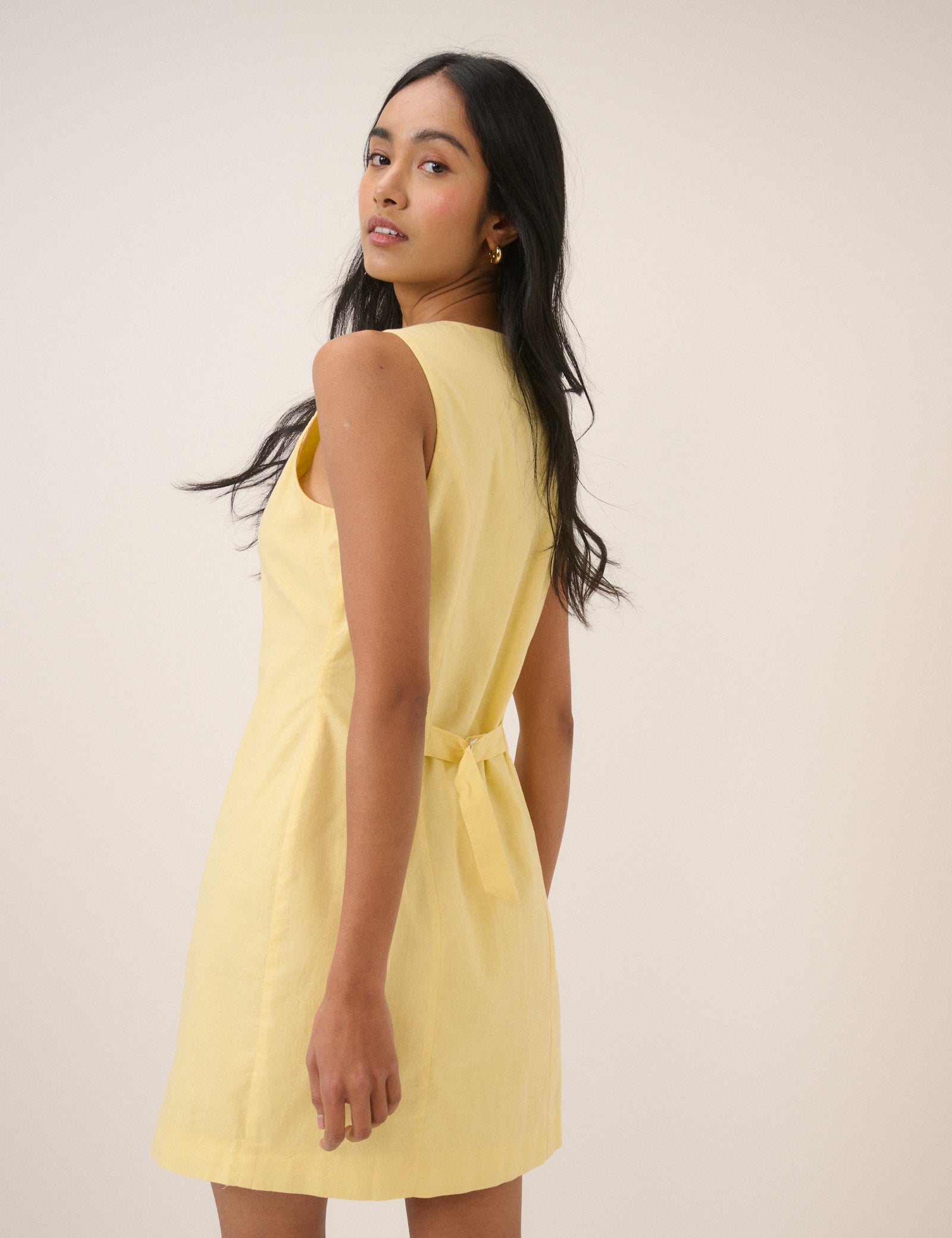 Yellow Button Through Linen-Blend Tailored Polly Mini Dress