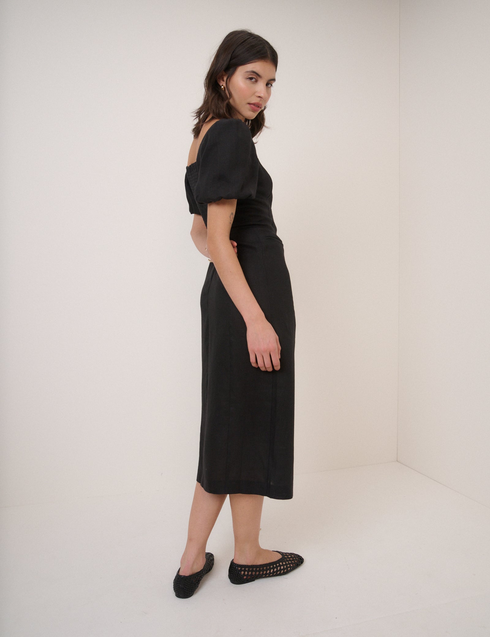 Black Linen-Blend Tailored Midi Dress
