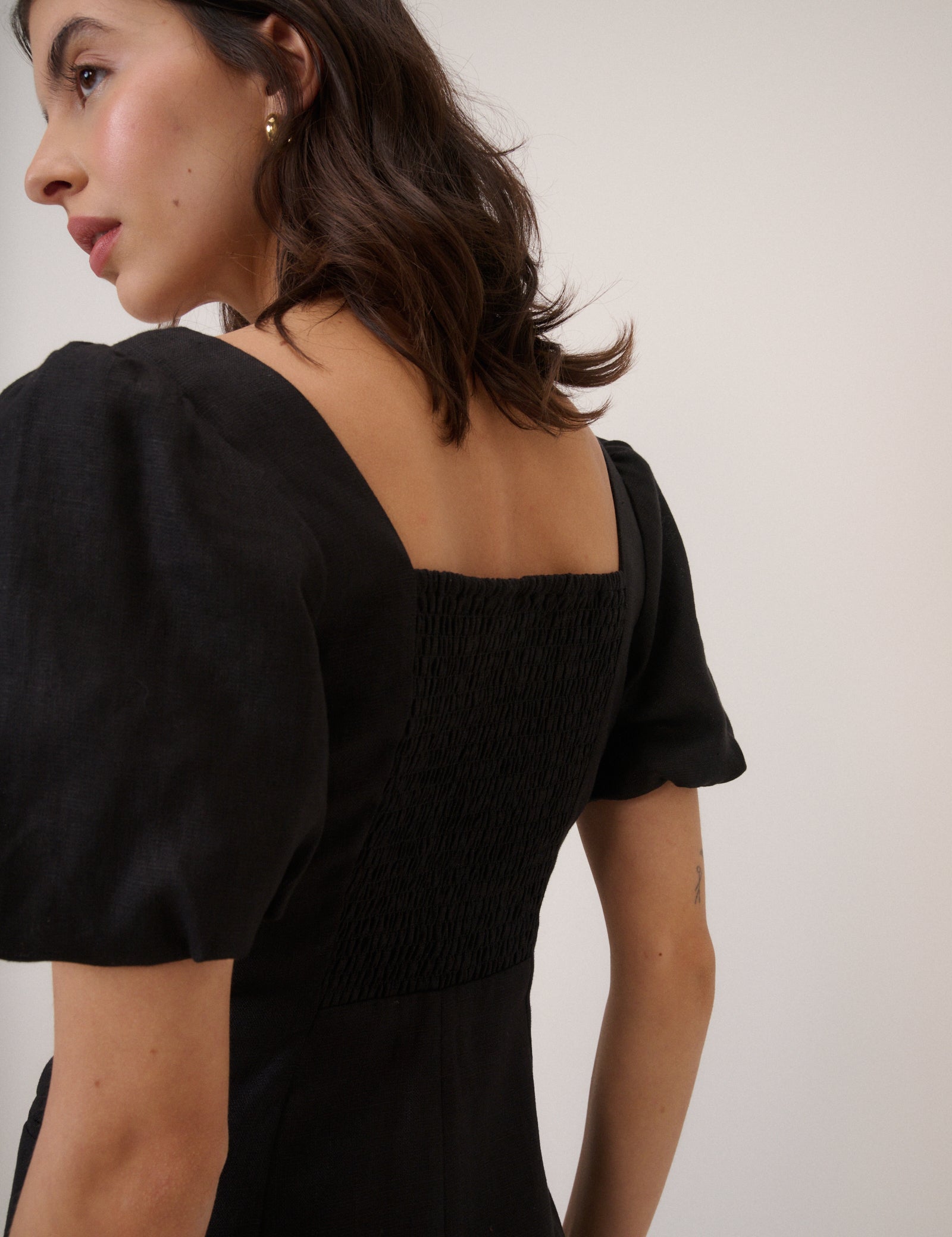 Black Linen-Blend Tailored Midi Dress