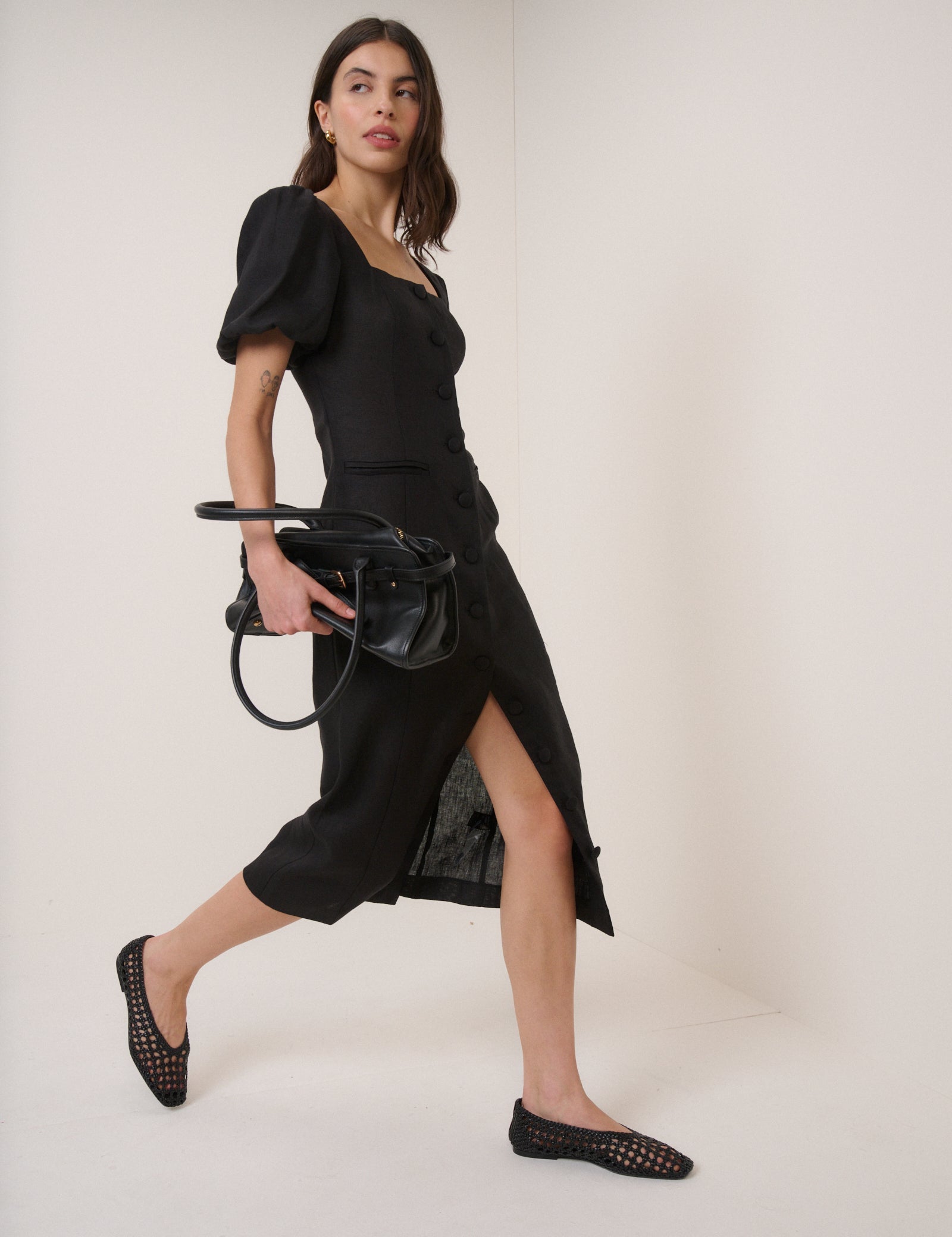 Black Linen-Blend Tailored Midi Dress