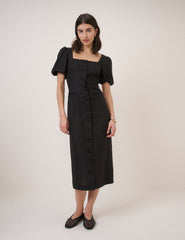 Black Linen-Blend Tailored Midi Dress