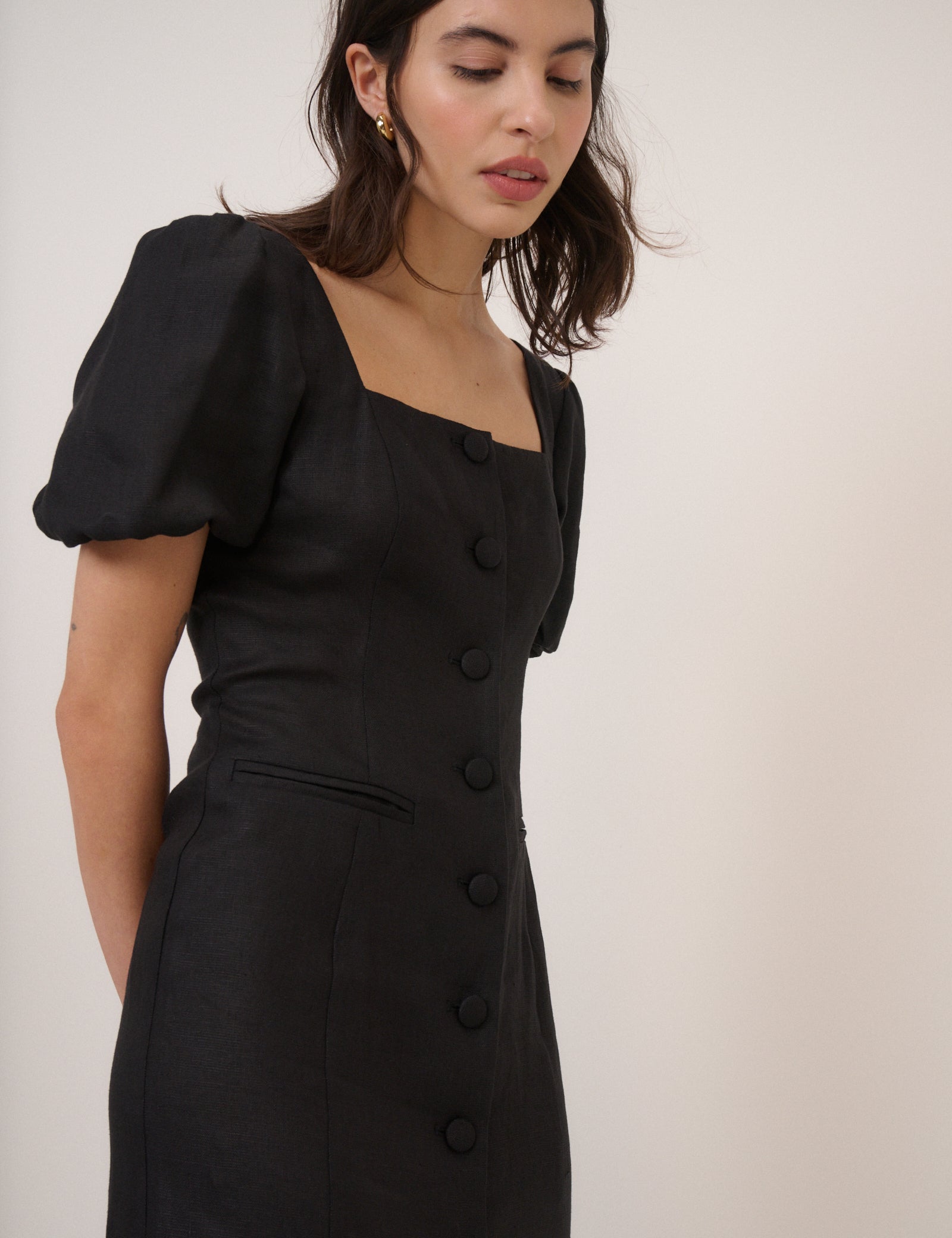 Black Linen-Blend Tailored Midi Dress