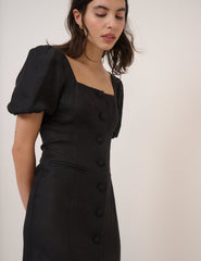 Black Linen-Blend Tailored Midi Dress